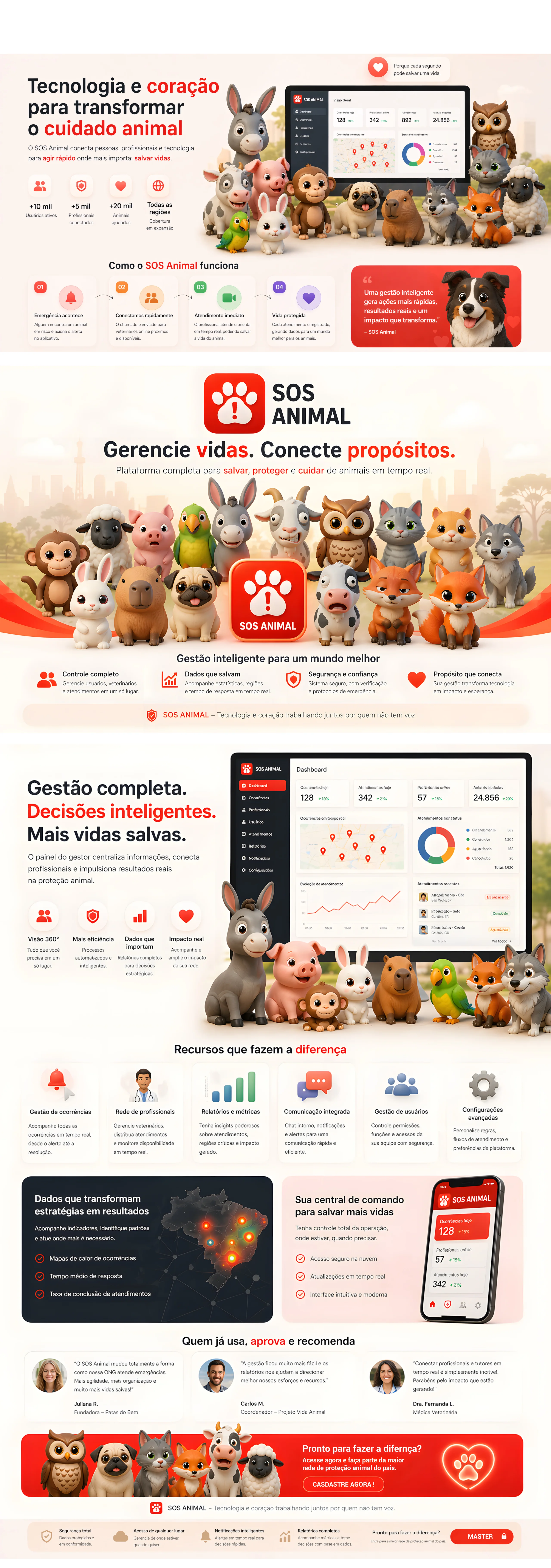 Landing page do SOS Animal apresentando a plataforma, recursos, benefícios e chamada para acessar o gestor.